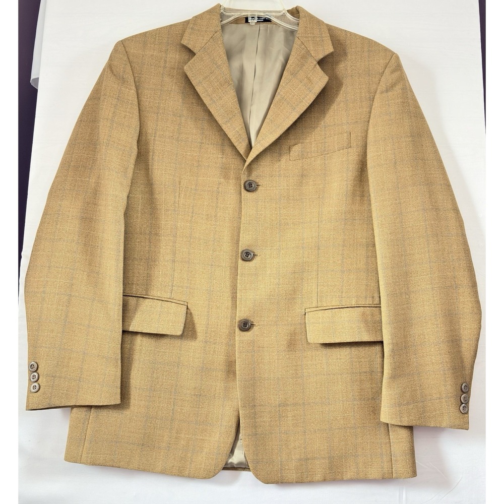 Vintage Tan Windowpane Plaid Blazer Mens 3 Button Sport Coat Made in Canada 44R